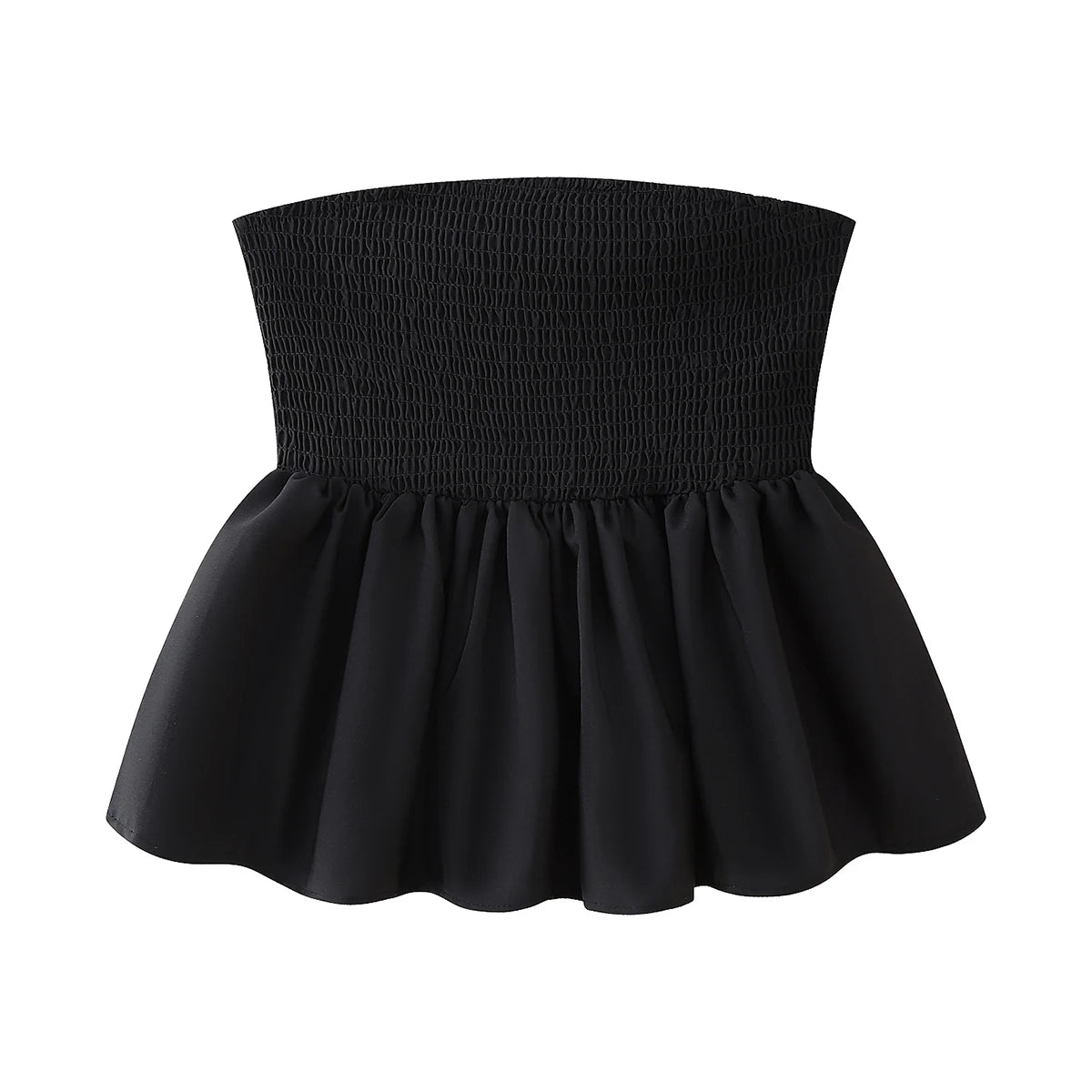 Letný kvetinový crop top bez ramienok – s riasením a volánom