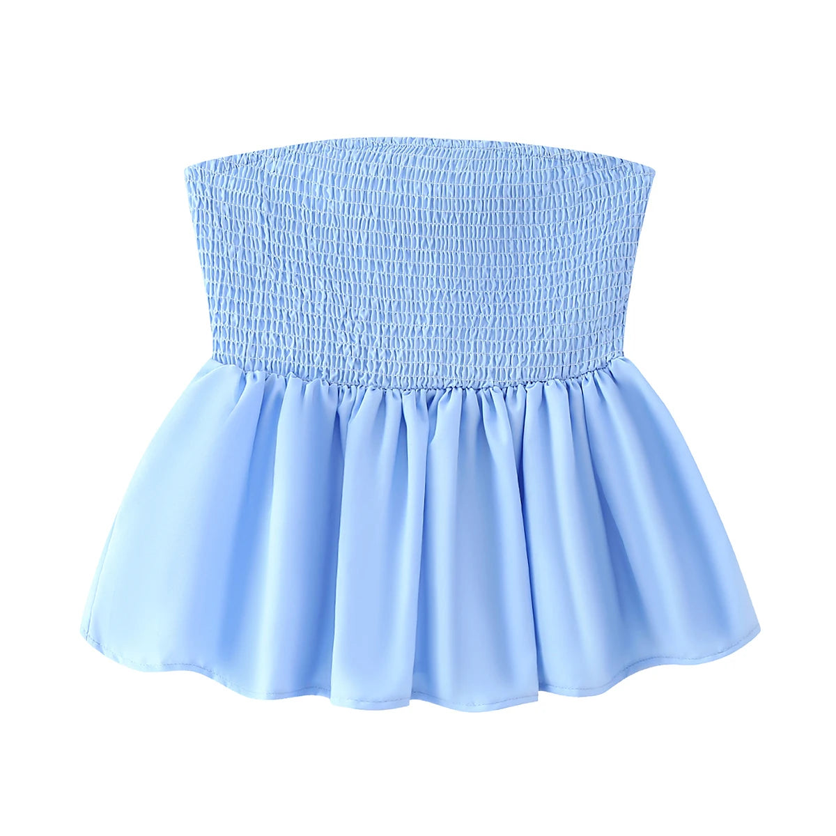 Letný kvetinový crop top bez ramienok – s riasením a volánom