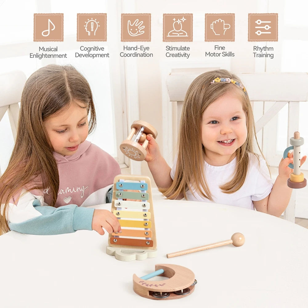 Montessori hudobné nástroje pre bábätká – edukačný drevený set s bubienkom a xylofónom