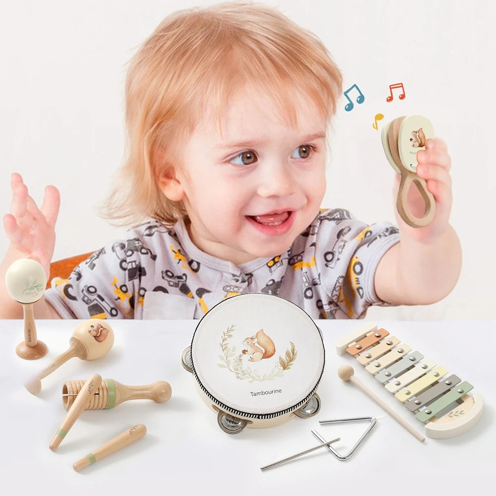 Montessori hudobné nástroje pre bábätká – edukačný drevený set s bubienkom a xylofónom