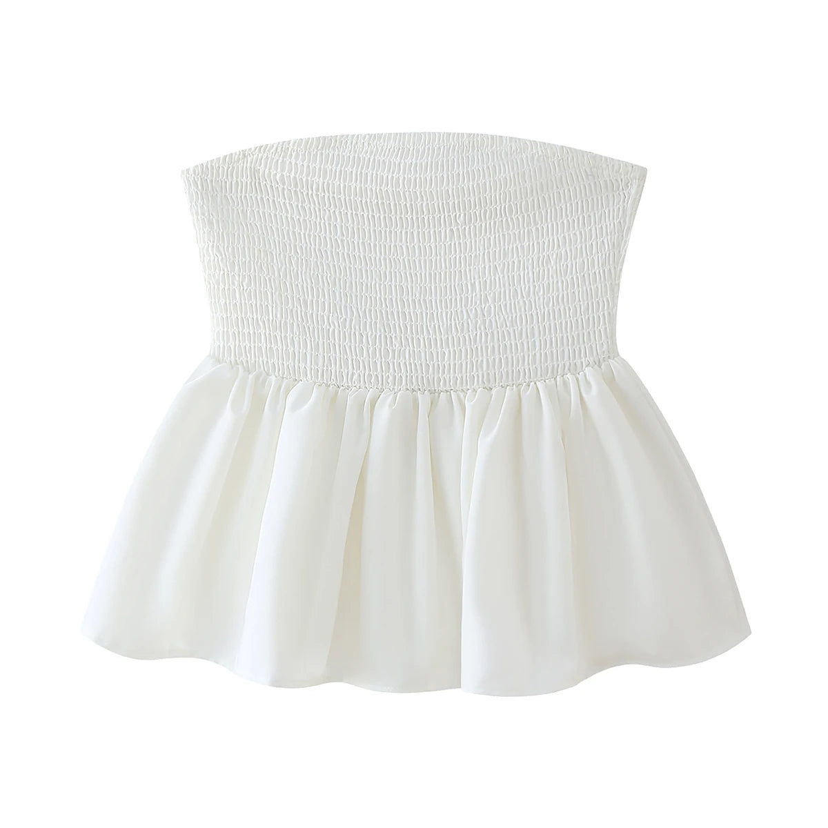 Letný kvetinový crop top bez ramienok – s riasením a volánom