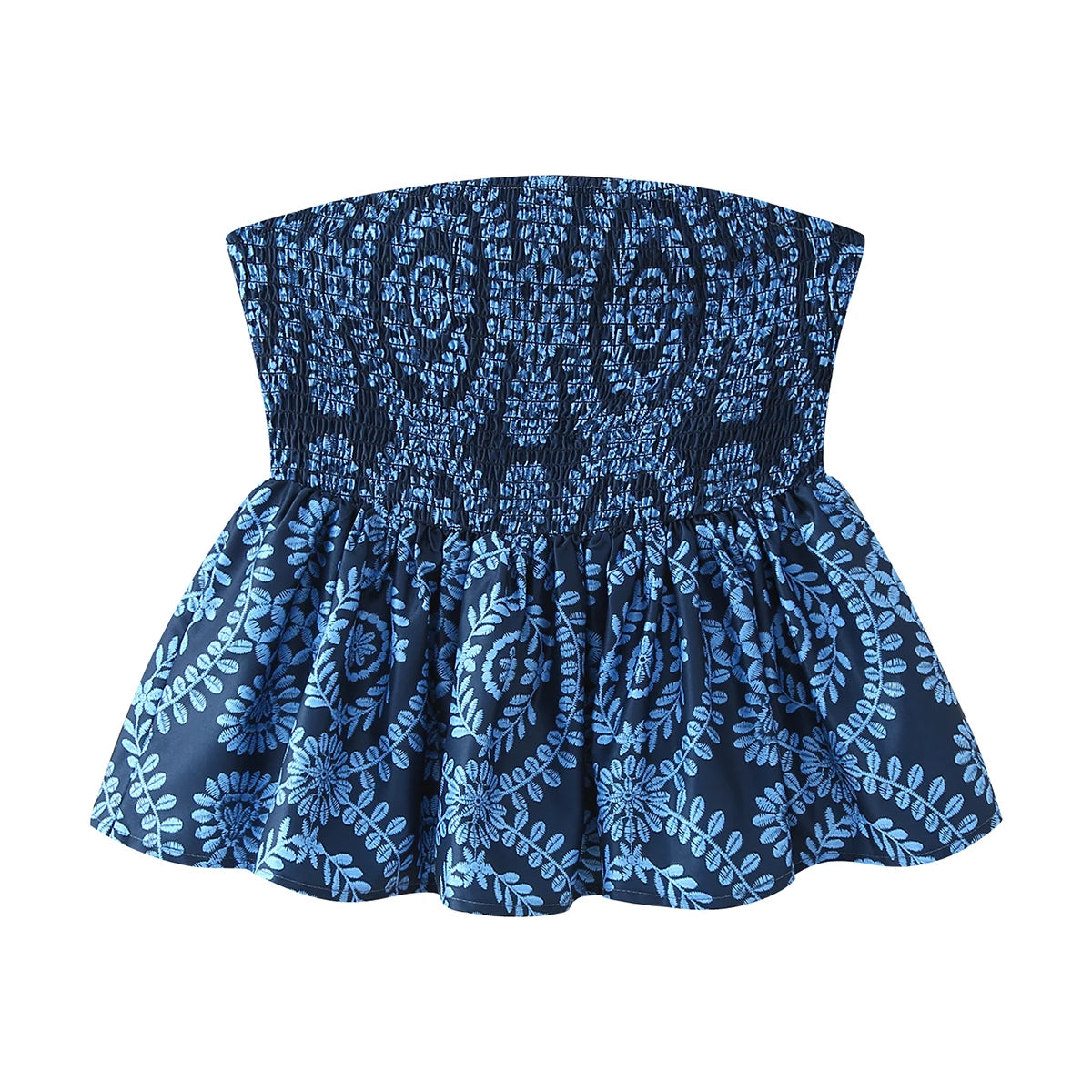 Letný kvetinový crop top bez ramienok – s riasením a volánom