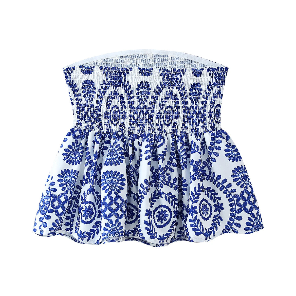 Letný kvetinový crop top bez ramienok – s riasením a volánom