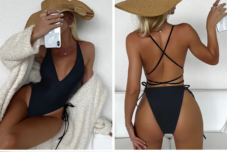 Jednodielne plavky s viazaním a push-up efektom – sexi bodysuit na pláž