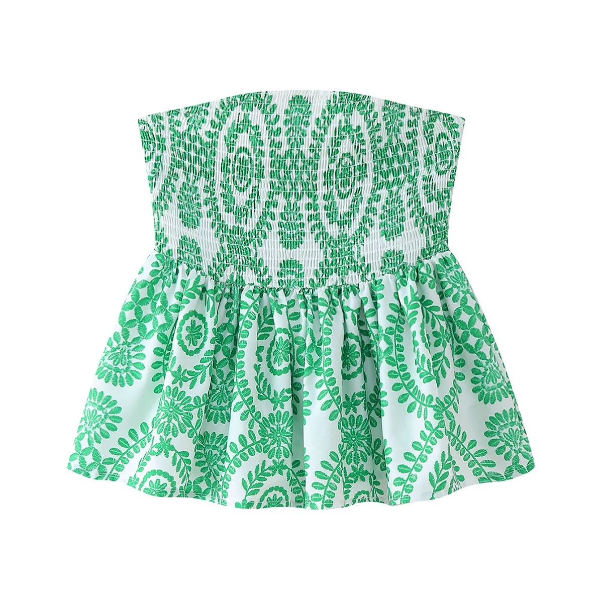 Letný kvetinový crop top bez ramienok – s riasením a volánom