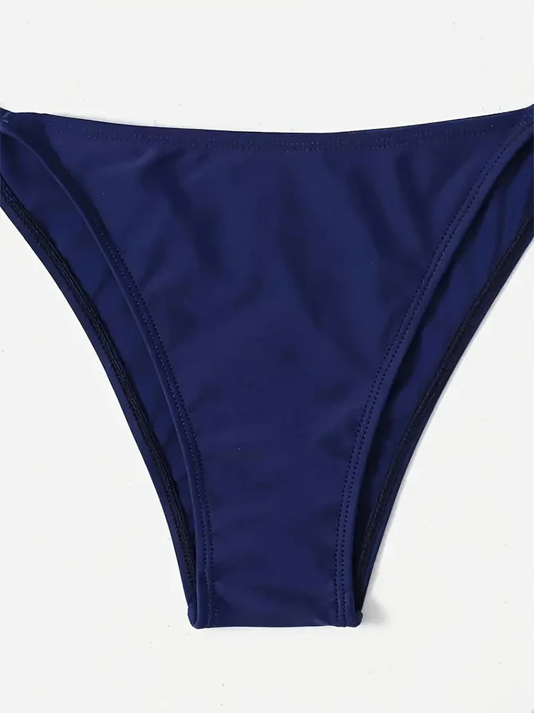 Dámske trojuholníkové bikini s viazaním – tangový strih, tmavomodré