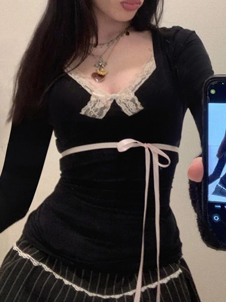 Sexy tričko s dlhým rukávom a čipkovým lemom