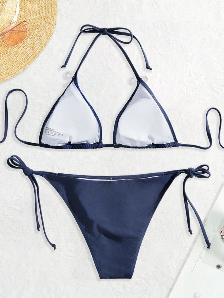 Dámske trojuholníkové bikini s viazaním – tangový strih, tmavomodré