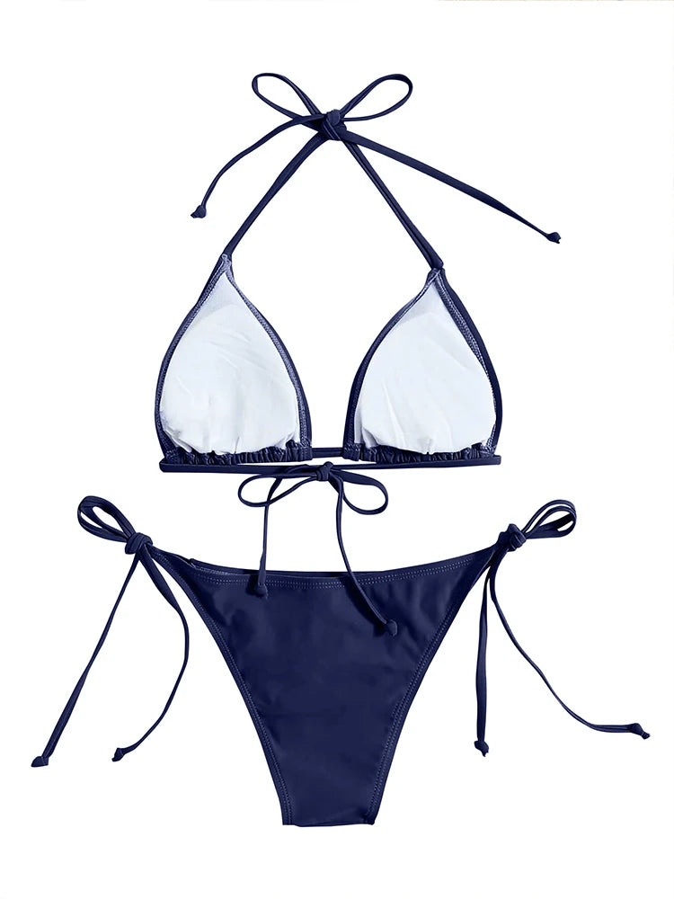 Dámske trojuholníkové bikini s viazaním – tangový strih, tmavomodré