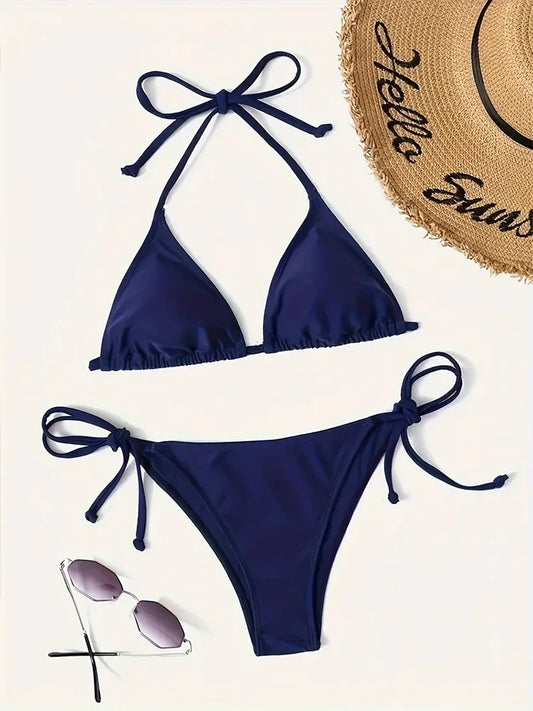 Dámske trojuholníkové bikini s viazaním – tangový strih, tmavomodré