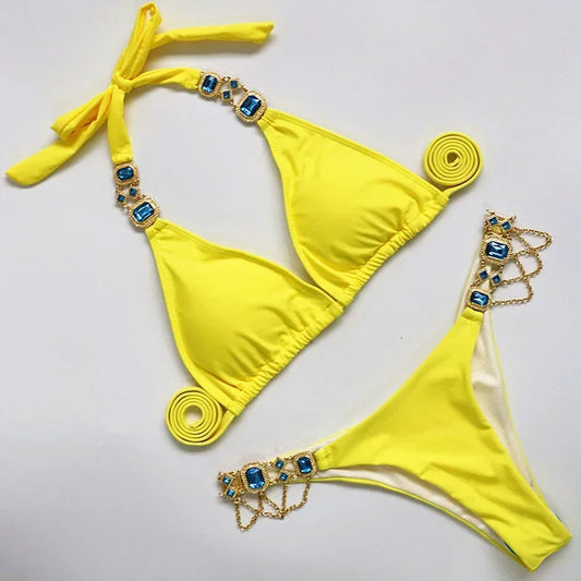 Luxusné bikiny s kovovými detailmi a kamienkami – dvojdielne plavky