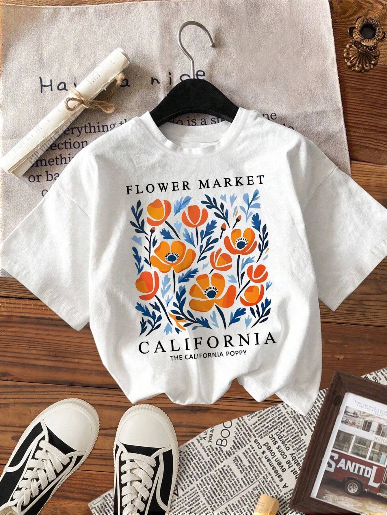 Dámske tričko s potlačou Yellow Flowers Market – kalifornský retro štýl