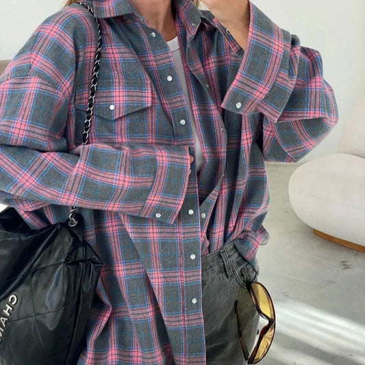Dámska oversized károvaná košeľa – vintage kórejský štýl