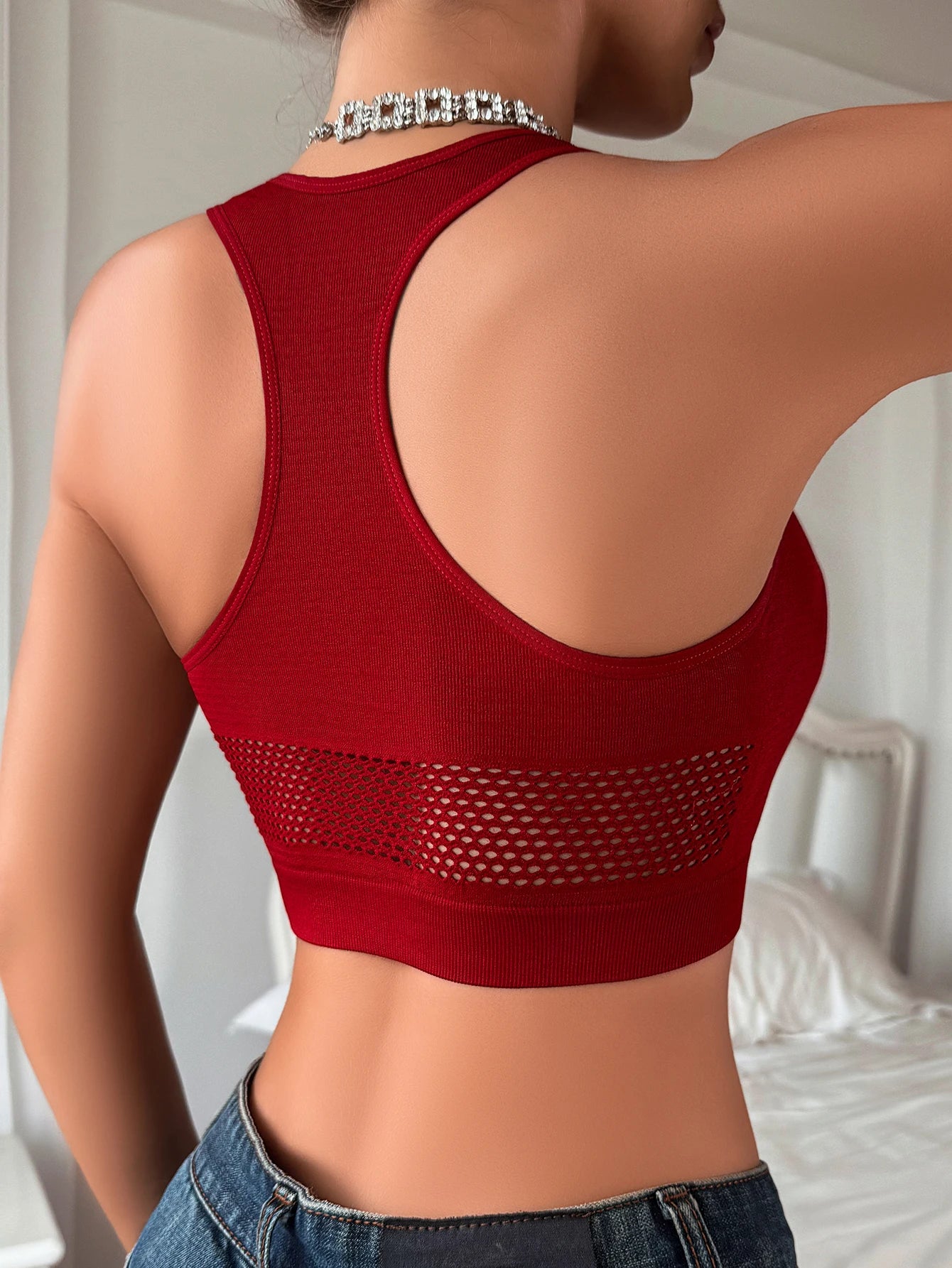 Dámsky sieťovaný crop top bez ramien – sexi a elastický streetwear