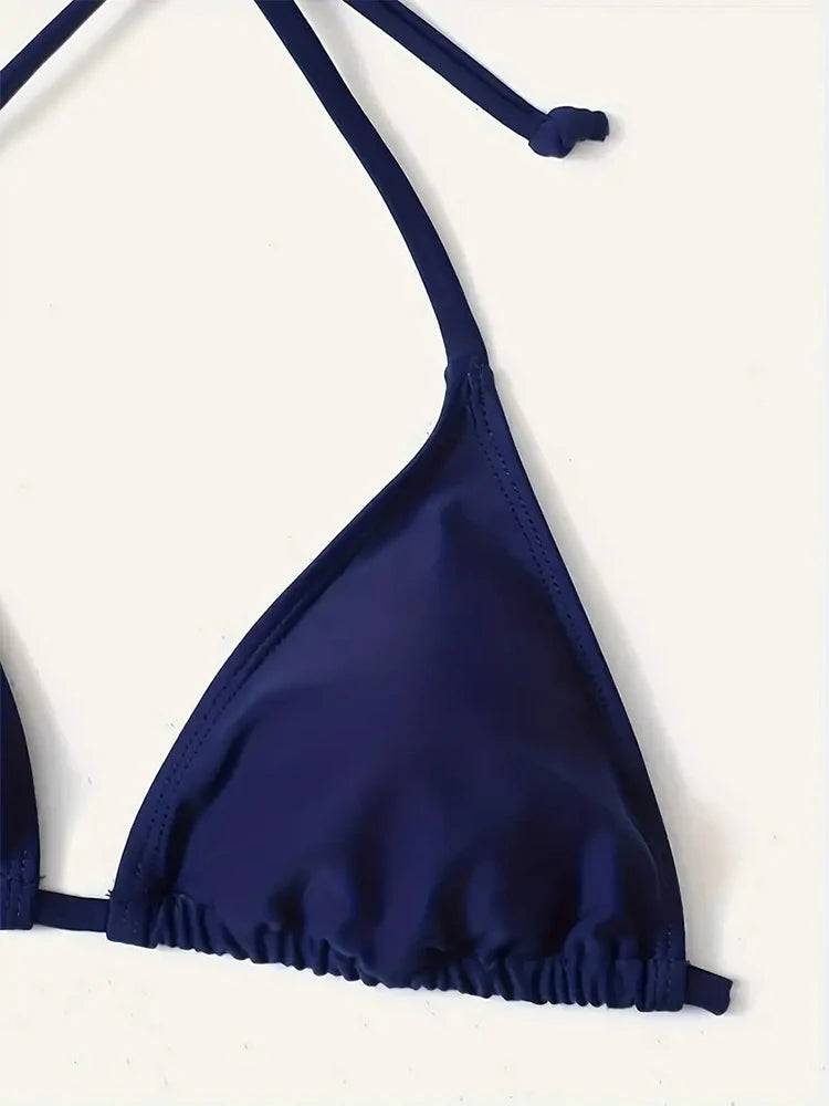 Dámske trojuholníkové bikini s viazaním – tangový strih, tmavomodré