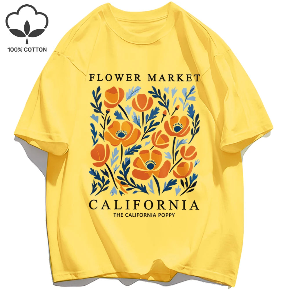Dámske tričko s potlačou Yellow Flowers Market – kalifornský retro štýl