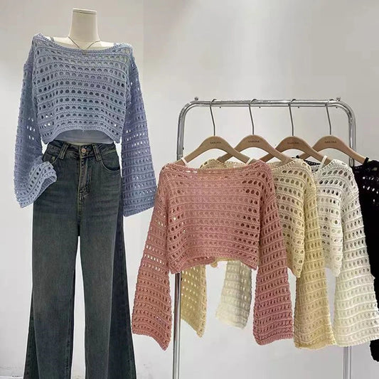 Háčkovaný letný top s dlhým rukávom – plážový boho štýl