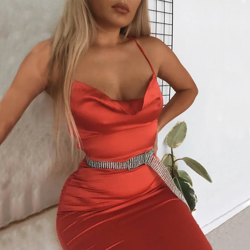 Dámske saténové midi šaty s viazaním – elegantné a sexi