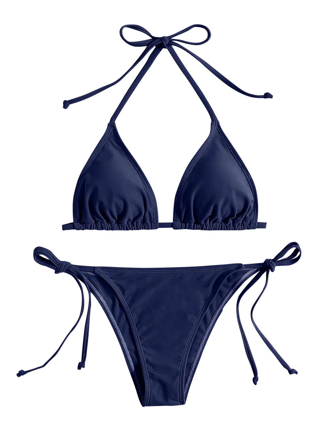 Dámske trojuholníkové bikini s viazaním – tangový strih, tmavomodré