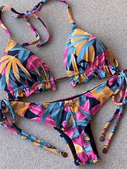 Sexi mikro bikiny s potlačou pierok – brazílsky štýl s viazaním