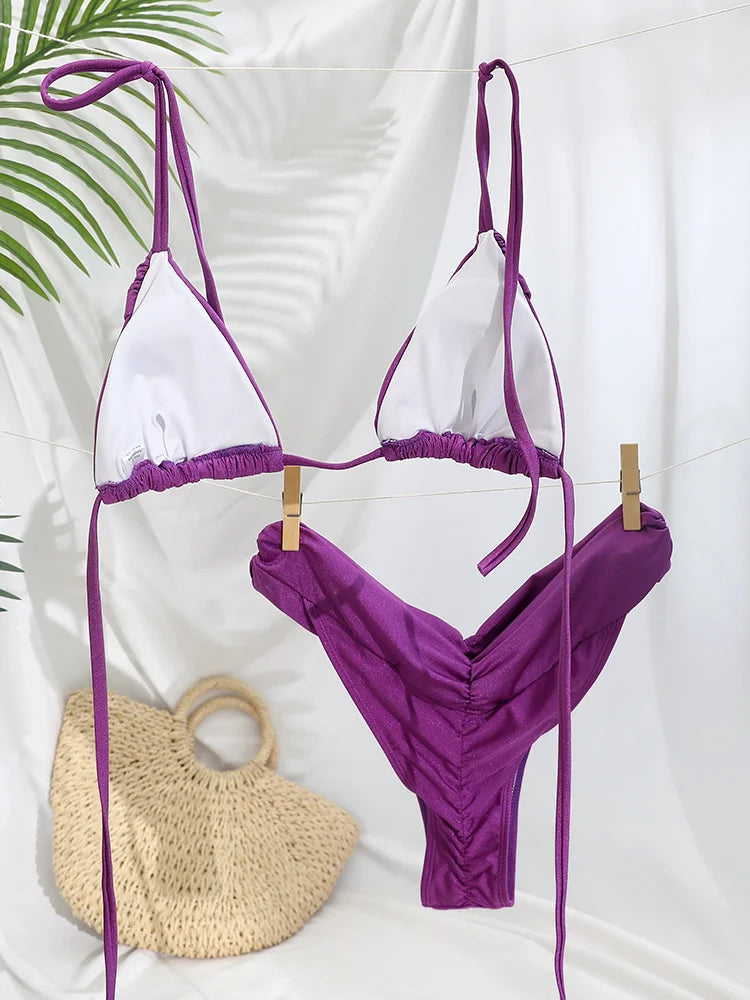 Dámske mikro bikiny s volánmi – trojuholníkový strih s brazílskymi nohavičkami