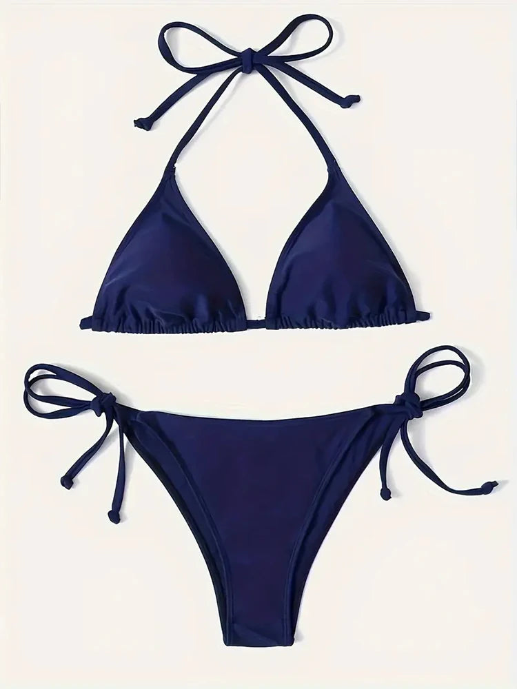 Dámske trojuholníkové bikini s viazaním – tangový strih, tmavomodré