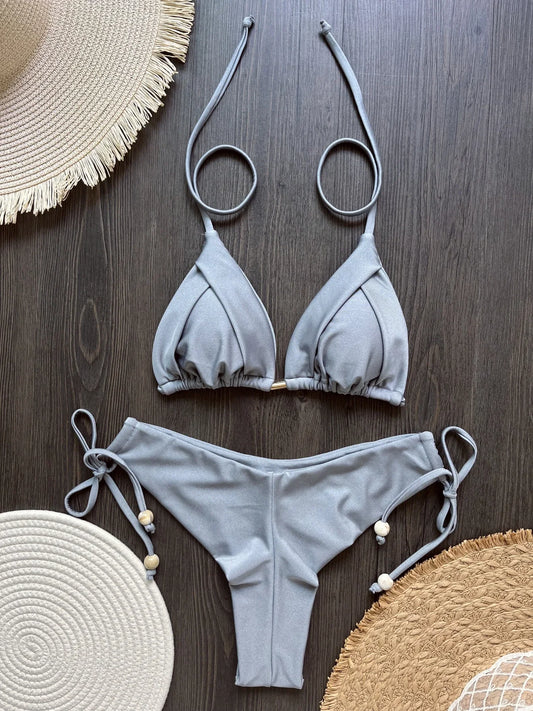 Dvojdielne brazílske bikiny s kovovými retiazkami – sexi plavky s push-up efektom